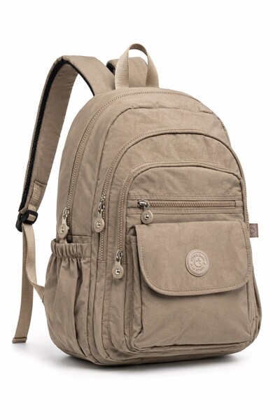 Paul Brand Unisex Velora Günlük Kullanıma Uygun Çok Bölmeli Geniş Hacimli Krinkıl Kumaş Vizon Sırt Çantası Okul Boy