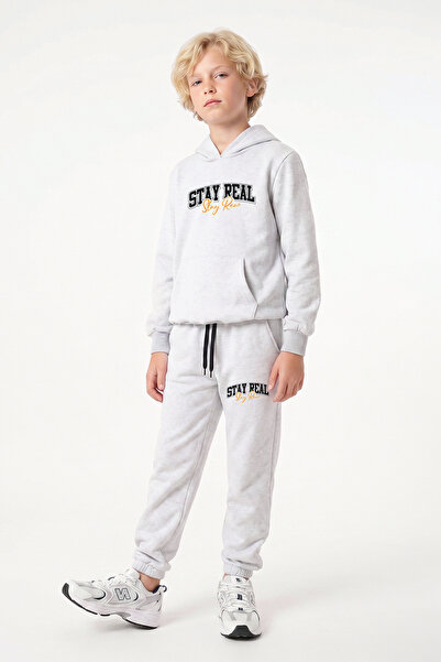 FYK KİDS Boy's Printed Kangaroo Pocket Hooded Tracksuit Set