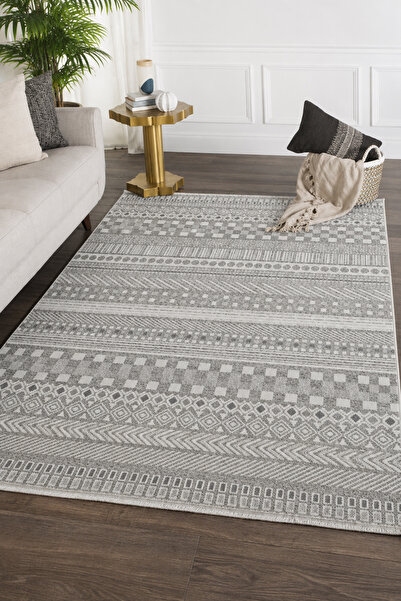 VİTALİHOME Bukle Gri Beyaz Kilim Yıkanabilir Kaymaz Taban Şönil Kilim Salon O...