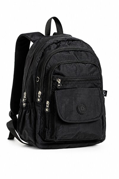 Paul Brand Unisex Velora Günlük Kullanıma Uygun Çok Bölmeli Geniş Hacimli Krinkıl Kumaş Siyah Sırt Çantası Okul Boy