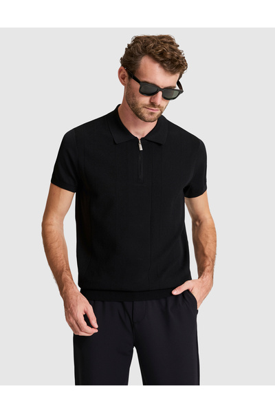 Pierre Cardin Black Slim Fit Zippered Polo Collar Knitwear T-Shirt 50320793-V...