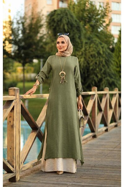 NS Moda Tesettür Çift Renkli Mila Elbise Haki-Model 584