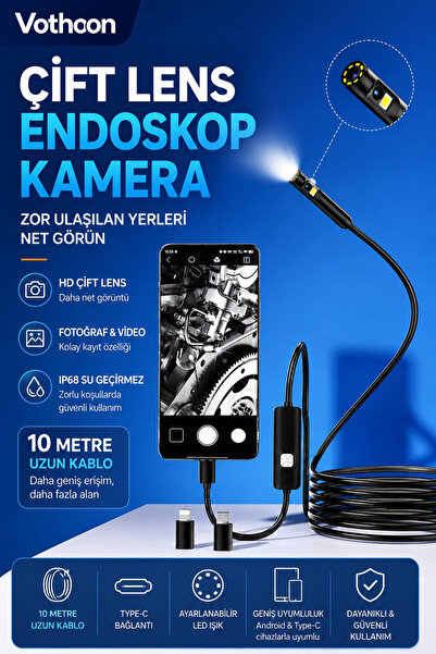 Vothoon 10 Metre Çift Kameralı iOS/Android Uyumlu Yılan Endoskop Kamera 8mm 2MP LED'li Sert Kablo