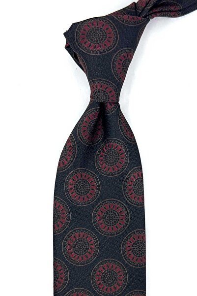Kravatkolik Coffee Burgundy Motif Pattern Classic Tie with Handkerchief Kk13971
