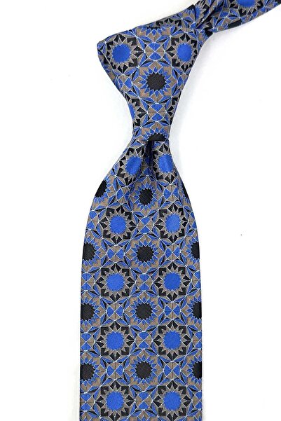 Kravatkolik Beige Blue Motif Pattern Classic Tie with Handkerchief Kk13910