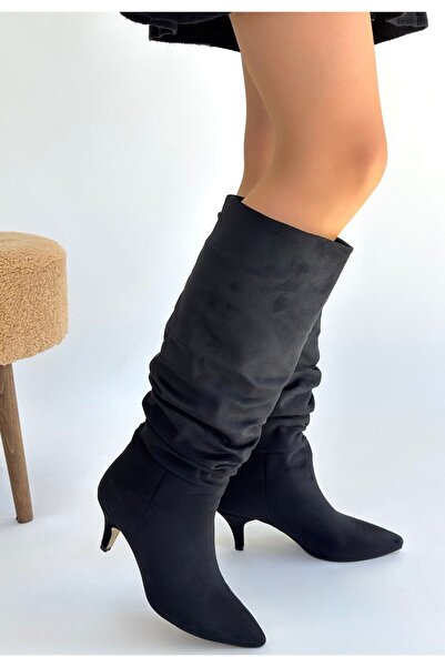 ALFA AKSESUAR 03 Zelya Black Suede Heeled Boots