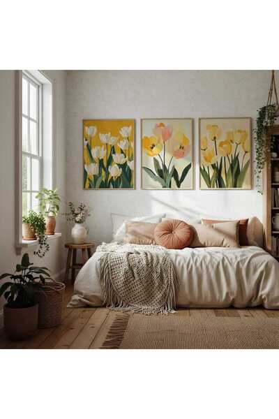 woodhomeworks Wooden Framed 3-Piece Painting Yellow Tulip Qmrc