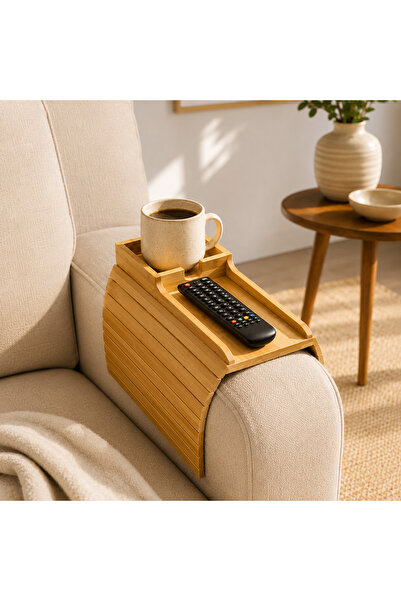 sengenegel Bambu Koltuk Kolu Sehpası Katlanabilir Yan Sehpa – Bardaklık ve Kumandalık Bölmeli Doğal Bambu Kolçak Sehpası