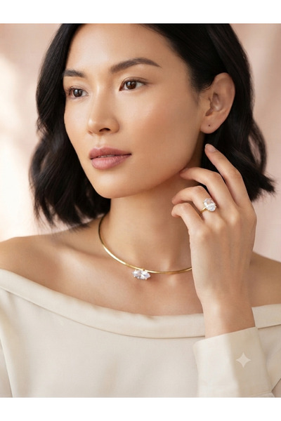 Rhea Jewelry Çelik Zirkon Taşlı Kolye ve Ayarlanabilir Yüzük Seti