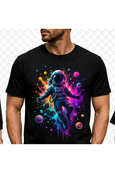 TİMİSİVA Ανδρικό μπλουζάκι με στάμπα Astronaut Oversize Μαύρο DTF Print Βαμβα...