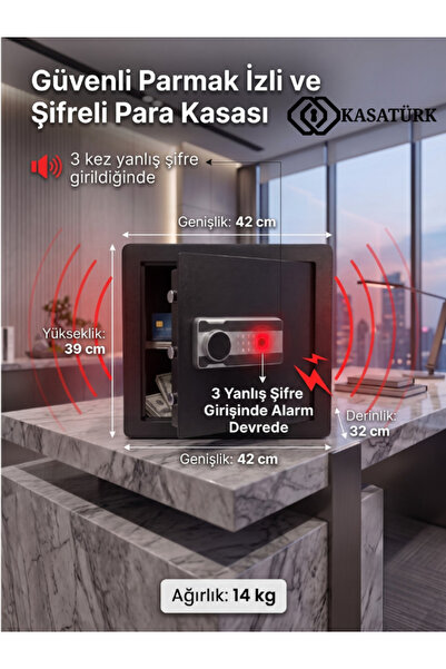 kasatürk Parmaz izli Ve Şifreli Çelik Para Kasası - Alarmlı - 39x42x32