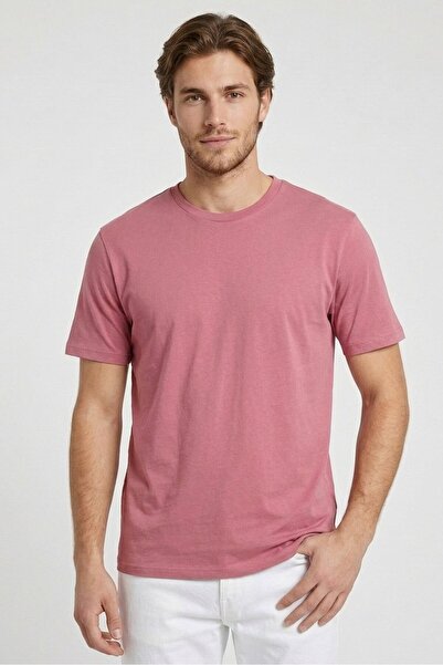 ALCOTT Men Crew Neck Short Sleeve Solid T-Shirt, Dark Pink
