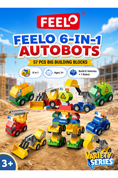 Feelo FL2320 6-in-1 Autobots Big Building Blocks Set, 57 Pieces, Builds 6 Veh...