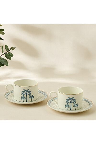 Lifestyle Palm Tree Print 4-Piece Bone China Cup and Saucer Set - 200 ml