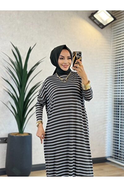 Afili 1217 Striped Slit Long Dress Khaki