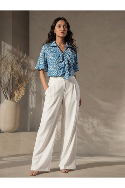Mish By Styli Blue Floral Print Top With Ruffle Detail