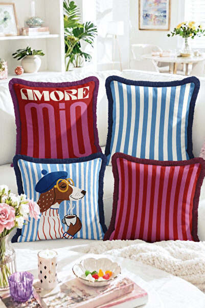 Realhomes Amore Mio Written and Dog Figured Striped Retro 4-Piece Fringed Thr...