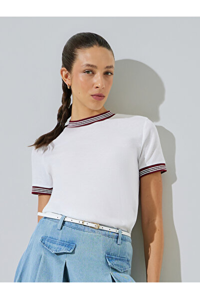 Styli White Round Neck T-Shirt with Striped Trim