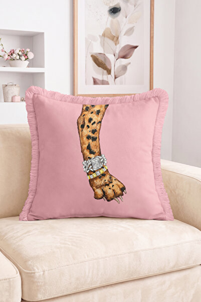 Realhomes Jewelry Detailed Leopard Paw Illustration Patterned Fringed Throw P...