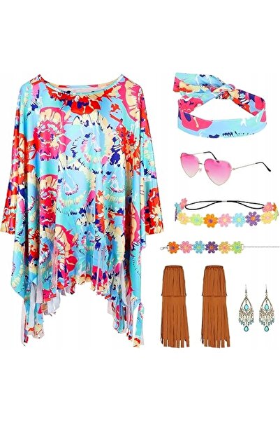 NO BRAND Costum hippie pentru femei, 7 piese cu accesorii
