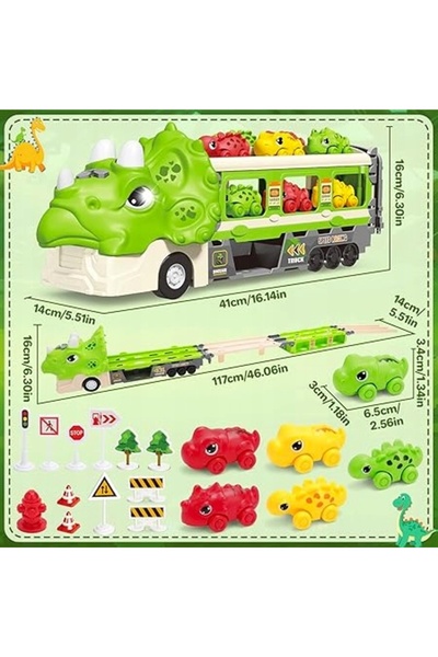 deAO DINO TRANSPORTER CAMION 2 ÎN 1 CIRCUIT CU 6 MAȘINI SUNET ȘI LUMINI JUCĂR...