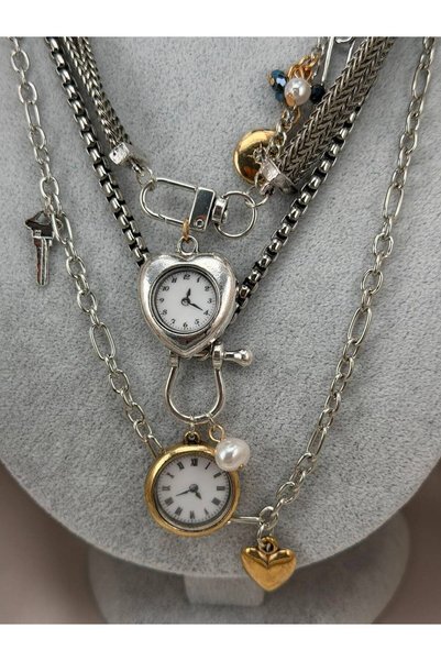 ZS Aksesuar Women's Silver Color Multi-Layer Chain Vintage Watch Figured Pendant Pearl and Heart Detailed Y2K Neck Necklace
