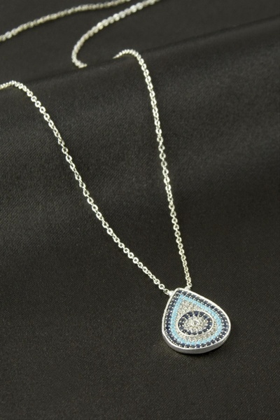 ZERO LAND Nhr-Hlss Oval Evil Eye Zircon Stone Necklace - (173301) Silver Color