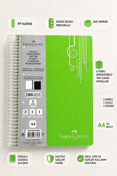 Faber Castell Faber Defter Seperatörlü 200 Yaprak 5 Bölüm Tak-Çıkar Pp Ayraç