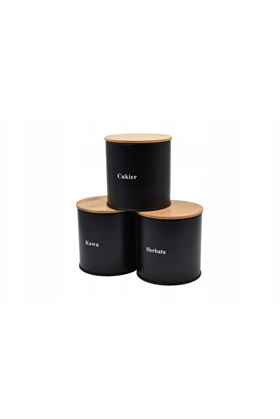 NO BRAND Set de recipiente metalice negre, 3 piese Cafea, Ceai, Zahăr Complete