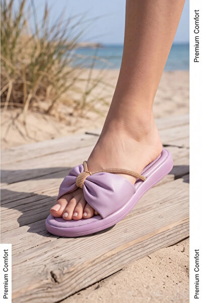 Liarca Glimmer Slipper Women's Slippers with Bow and Stones - Lightweight Casual Summer Slippers with Gathered Cushioned Sole in Lilac for Women