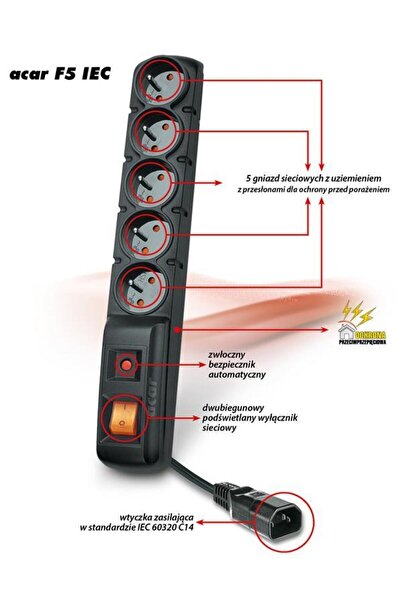 ACAR Prelungitor F5 IEC cu 5 prize, protecție la supratensiune, negru, 5m