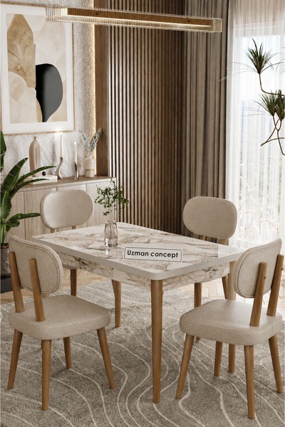 UZMHOME Traverten 4 Kişilik 70x110 Sabit Masa 4 Sandalyeli