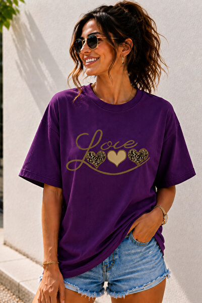 ArtYus Love Text Printed Crew Neck Casual Unisex Oversize T-Shirt - Heart The...