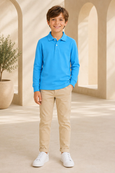 Loule Children's Unisex Blue Long Sleeve Polo Collar T-Shirt 100% Cotton Lako...