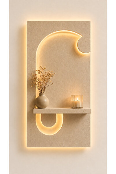 Pal Dekor LED Işıklı Modern Duvar Rafı | Dekoratif Niş+Raf