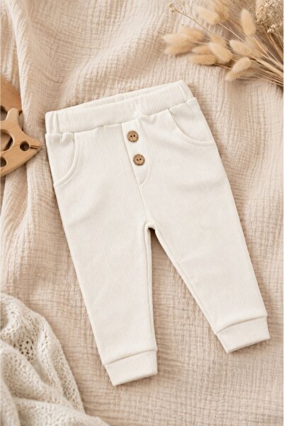 Pure Boutique Pantaloni bebe crem striati din bumbac cu buzunare si nasturi d...