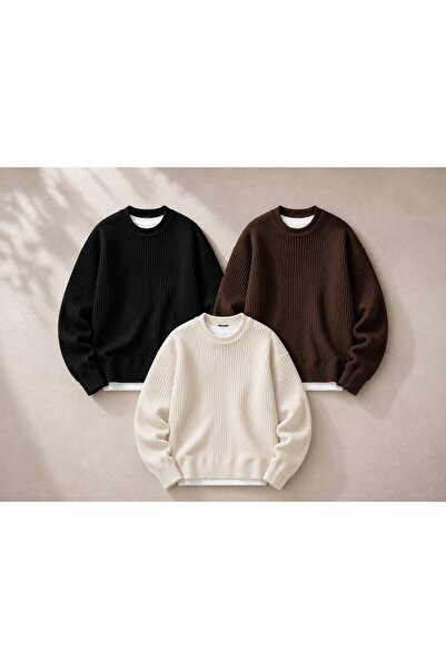 threeoff Men's Oversize Thessaloniki Knitted Sweater Crew Neck Basic Comforta...