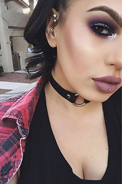 VeeShop Colier choker din piele ecologica, cu inel mare argintiu - Negru