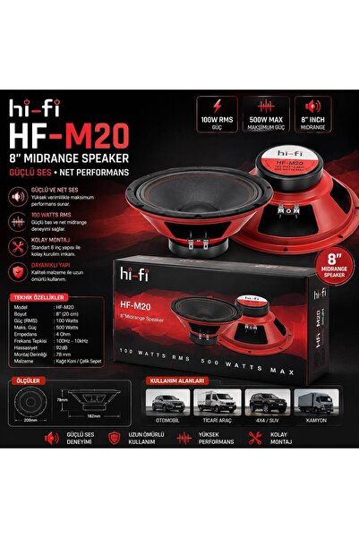 Genel Markalar Hifi Midrange Hf M20 Oto Araç Uyumlu 20 Cm Midrange Hoparlör