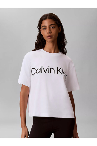 Calvin Klein Kadın Rahat Kalıp Logo Baskılı Yuvarlak Yakalı Kısa Kollu Beyaz ...