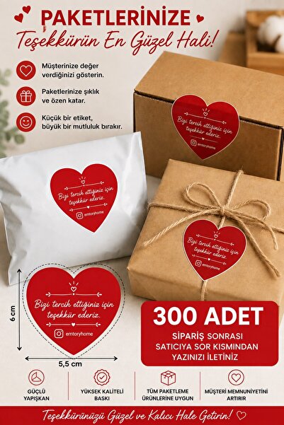 Emtory Gift Teşekkür Stickerı 300 Adet 5,5x6 cm Kalpli Kargo Paket Etiketi - ...
