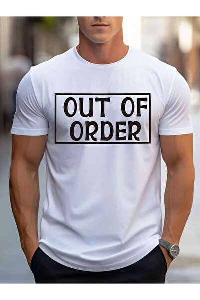 21JNRY قميص رجالي برقبة دائرية بتصميم OUT OF ORDER، قطعة أساسية للارتداء الكا...