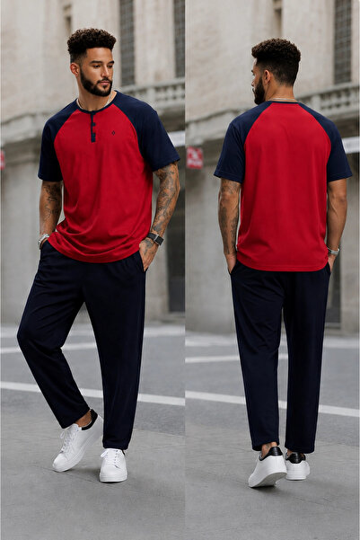 SOFT AURA Men's Short Sleeve Pajama Set Half Buttoned Top Red Bottom Navy Blue