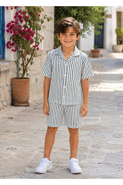 Yalçınoğlu Kids Boys' Wrinkled Fabric Striped Shirt Shorts Set Summer 4-9 Yea...