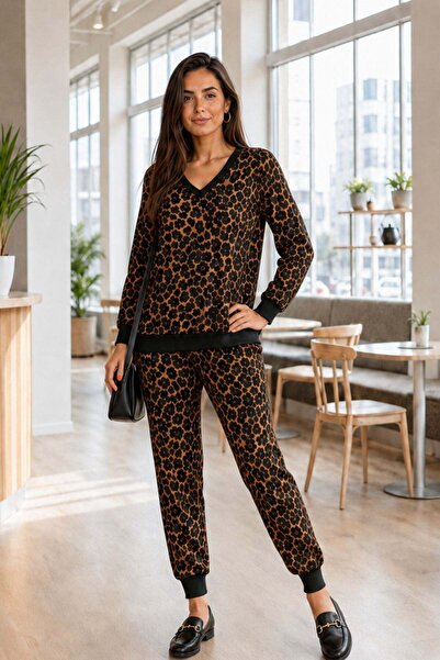 Mossta V-Neck Patterned Two-Thread Trouser Suit - Leopard