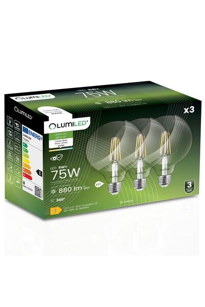 Lumiled 3x Bec LED E27 Sferă G95 8W = 75W 880lm 4000K Neutră 360 °   FILAMENT