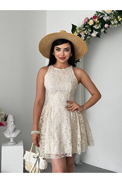 Moda Days Rochie mini ecru pentru femei, cu imprimeu floral, din tul brodat, ...