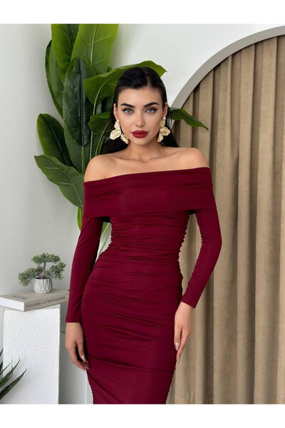Moda Days Γυναικείο μπορντό φόρεμα με λαιμόκοψη σκάφος, μακρυμάνικο, ντραπέ, ...