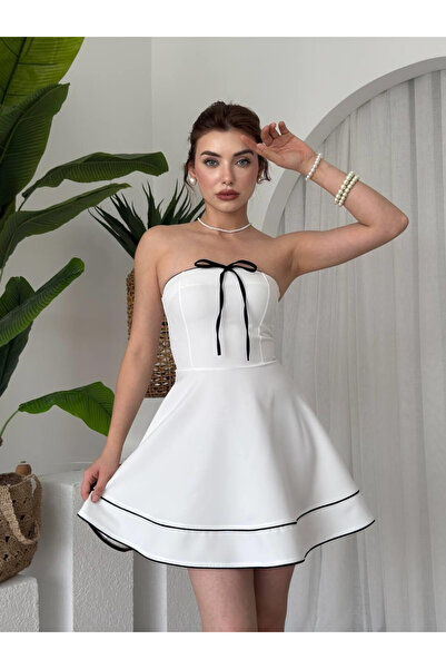 Clothes Fast Women's White Strapless Mini Dress with Bow Detail and Contrast ...