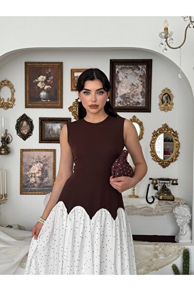 Clothes Fast Women's Coffee Color Midi Dress Sleeveless Crew Neck Gathered Po...